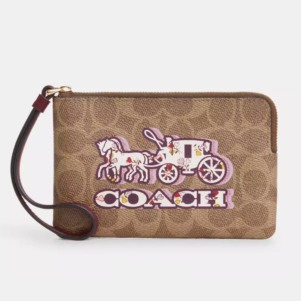 Coach Corner Zip Wristlet in Signature Canvas with Horse & Carriage Graphic NWT